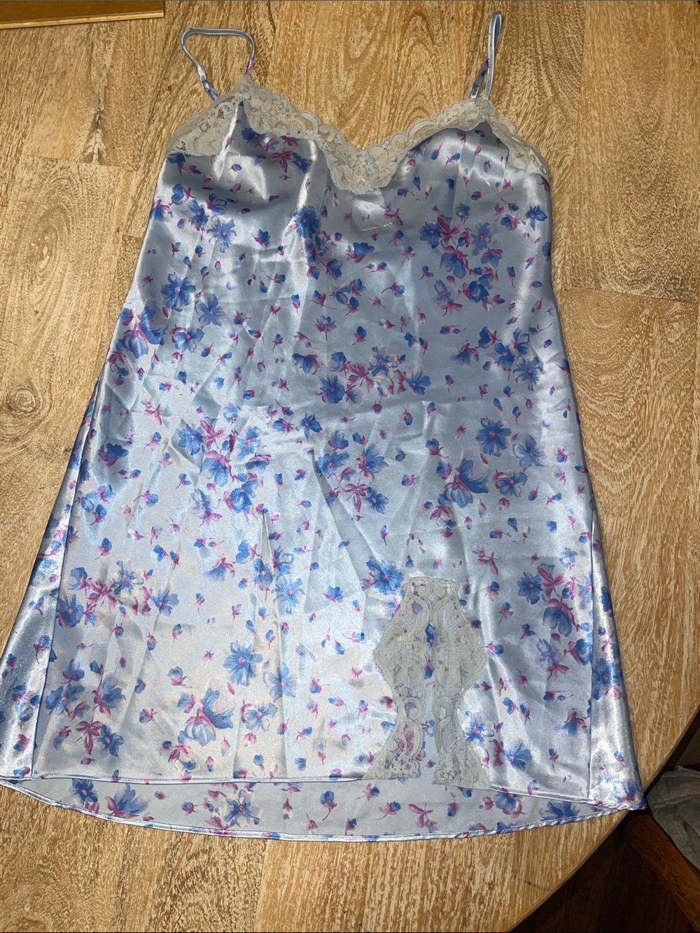 Vintage Warner's Blue Purple Lace Floral Slip Dress Nighty Size Small